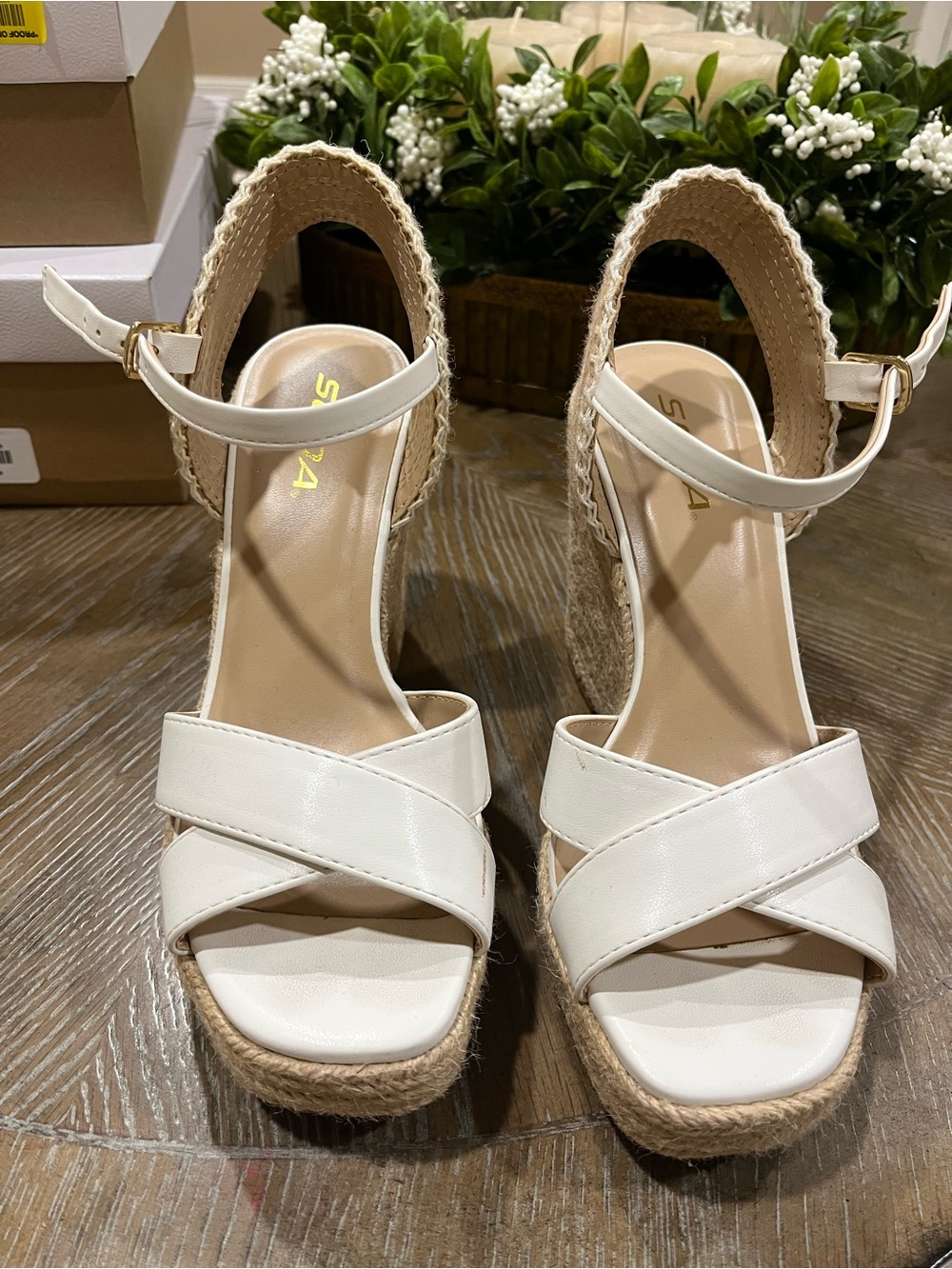 Soda White Espadrille Wedge Sandals with Ankle Strap